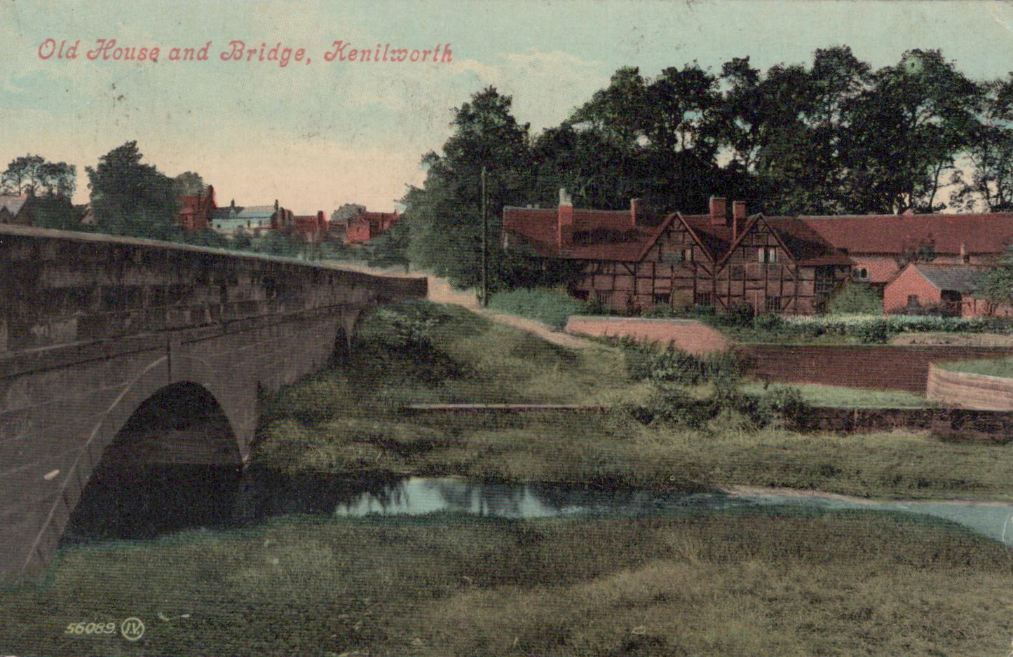 Vintage postcard of an old house and bridge in Kentishworth