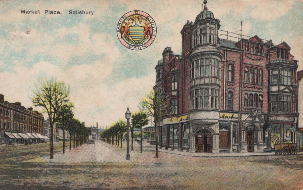 Vintage postcard of Market Place, Salisbury with a prominent building and street scene.