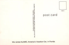 Load image into Gallery viewer, Back of a postcard with text about renting an Alamo vacation car in Florida.
