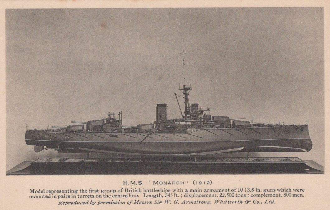 Vintage illustration of a British battleship labeled 'H.M.S. Monarch' from 1912.