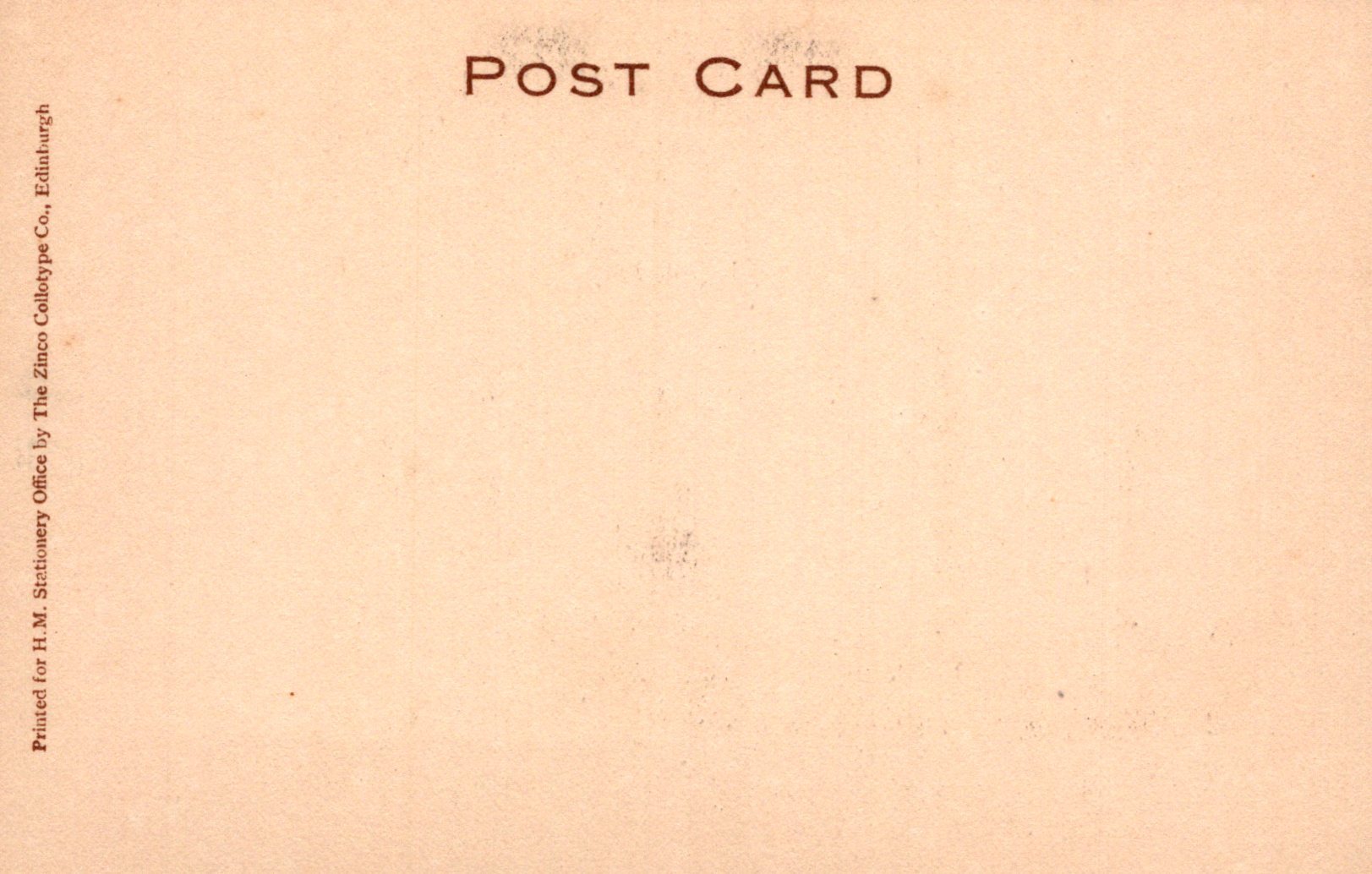 Back of a vintage postcard with 'Post Card' text and a textured beige background.