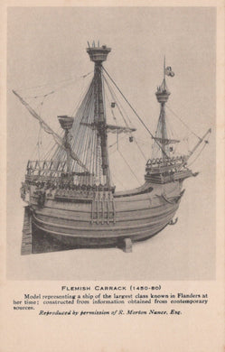 Illustration of a Flemish Carrack ship from 1450-80, shown on a plain background.