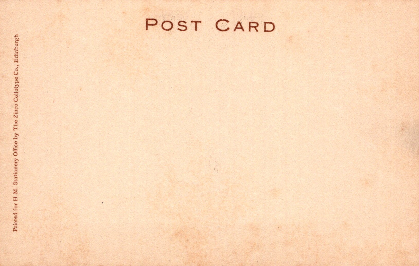 Back of a vintage postcard with 'Post Card' text and a beige background.