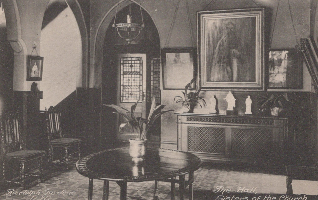Vintage interior scene of a room with furniture and decorative elements.