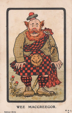 Cartoon character of 'Wee Macgregor' in traditional Scottish attire with a checkered skirt and hat.