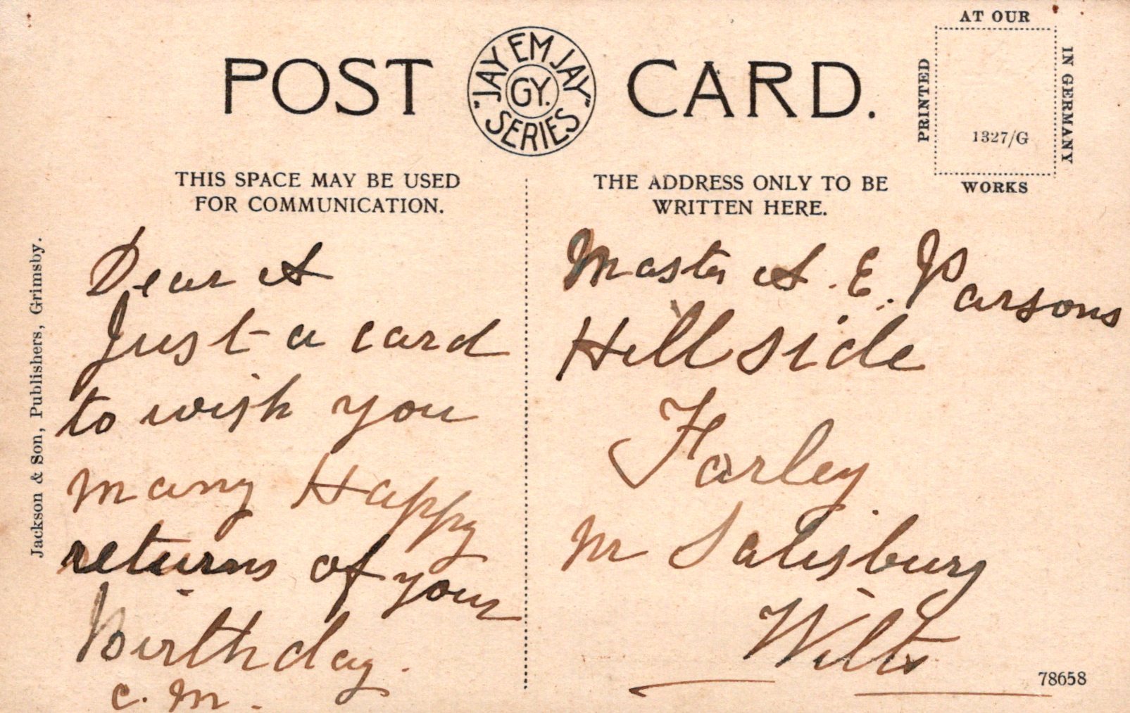 Vintage postcard with handwritten text and a logo at the top