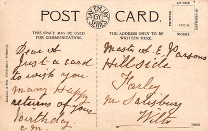 Vintage postcard with handwritten text and a logo at the top