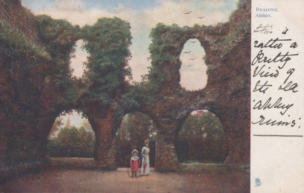 Ruins of Reading Abbey with two people standing in front, vintage postcard style.