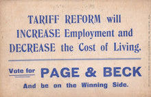 Load image into Gallery viewer, Political advertisement for Page &amp; Beck on tariff reform with text about employment and cost of living.
