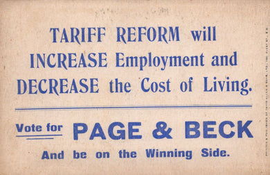 Political advertisement for Page & Beck on tariff reform with text about employment and cost of living.