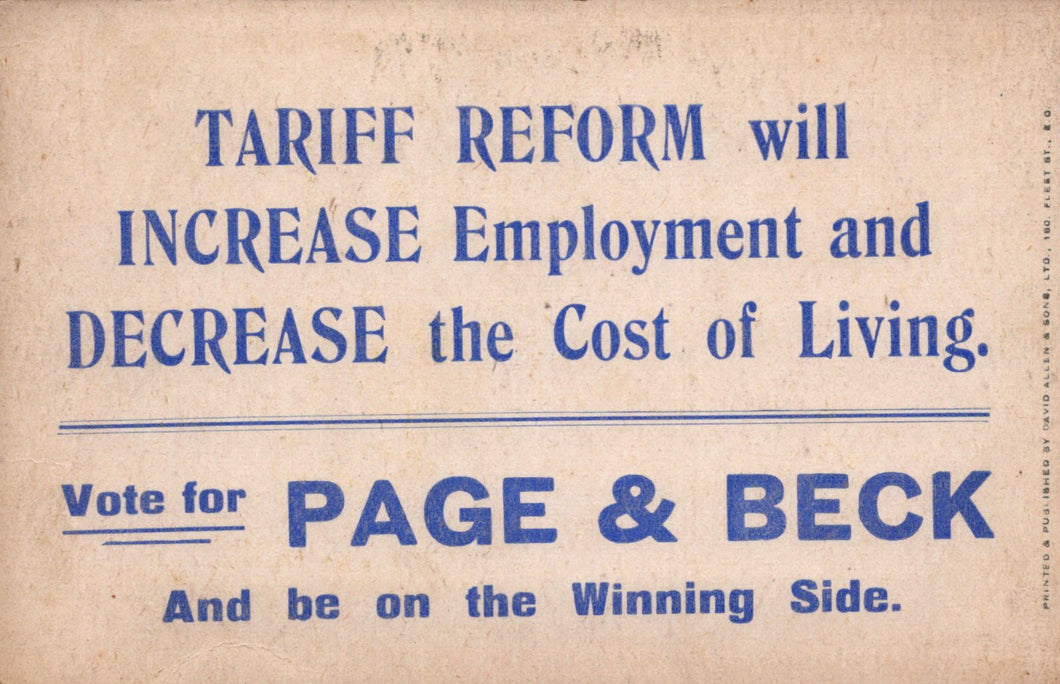 Political advertisement for Page & Beck on tariff reform with text about employment and cost of living.