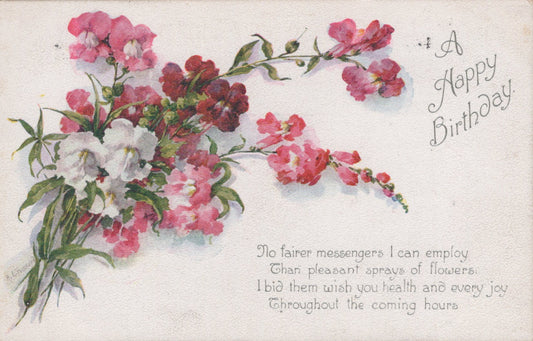 Vintage-style birthday card with flowers and text on a light background