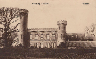 Vintage black and white photograph of a castle-like building with towers labeled 'Beeding Towers, Sussex'.