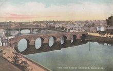 Load image into Gallery viewer, Vintage postcard of the Old and New Bridges in Dumfries, featuring a stone arch bridge over water with buildings in the background.
