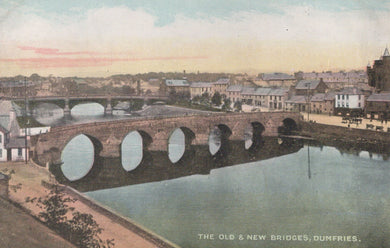 Vintage postcard of the Old and New Bridges in Dumfries, featuring a stone arch bridge over water with buildings in the background.