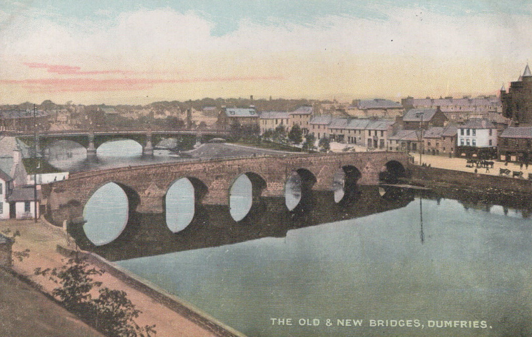 Vintage postcard of the Old and New Bridges in Dumfries, featuring a stone arch bridge over water with buildings in the background.