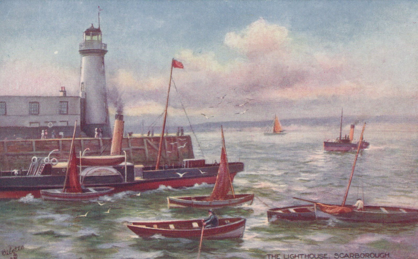 Painting of a lighthouse with boats in the foreground and sea in the background