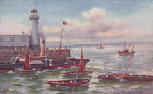 Load image into Gallery viewer, Painting of a lighthouse with boats in the foreground and sea in the background
