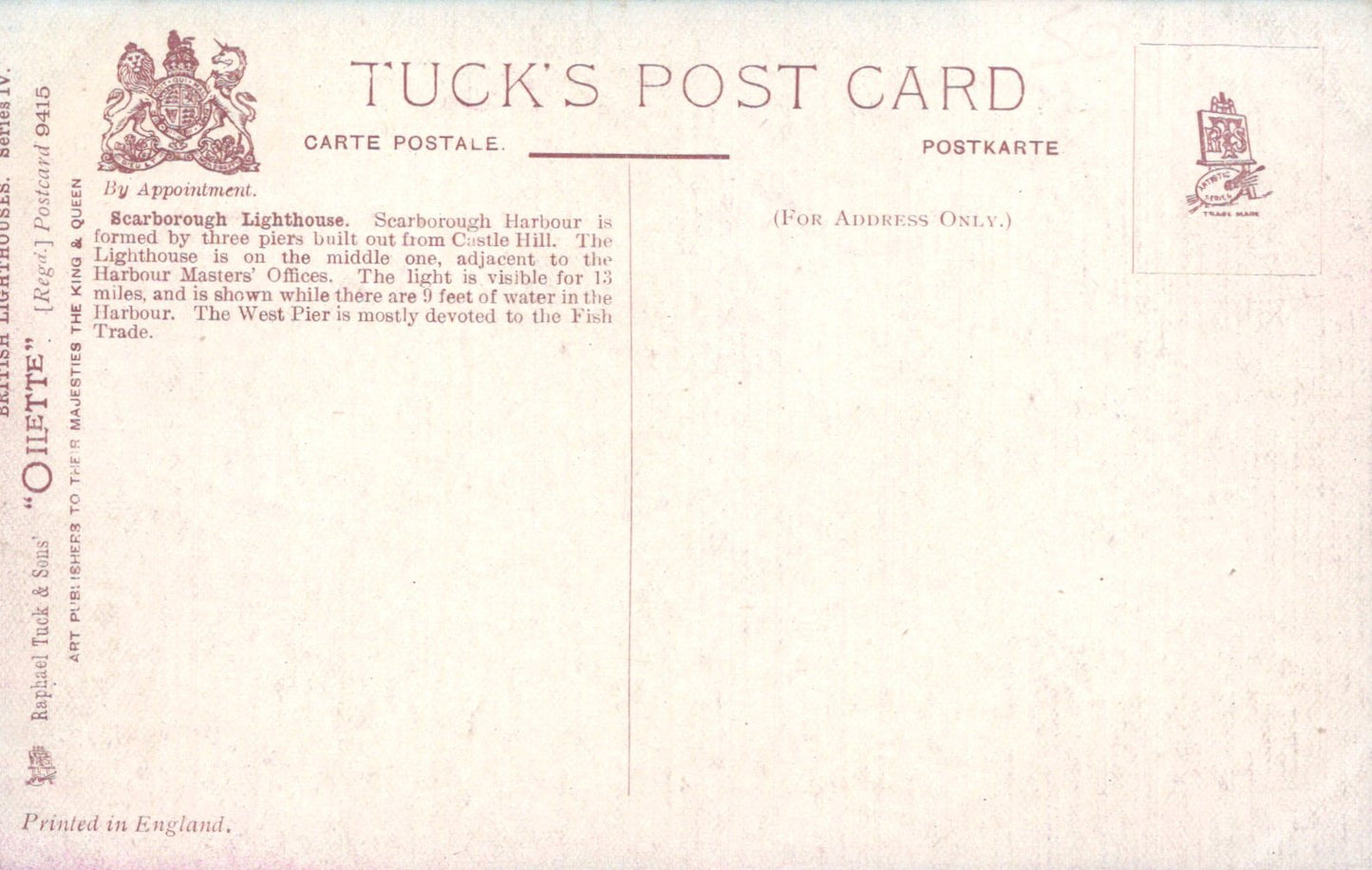 Back of a Tuck's postcard with text and logos
