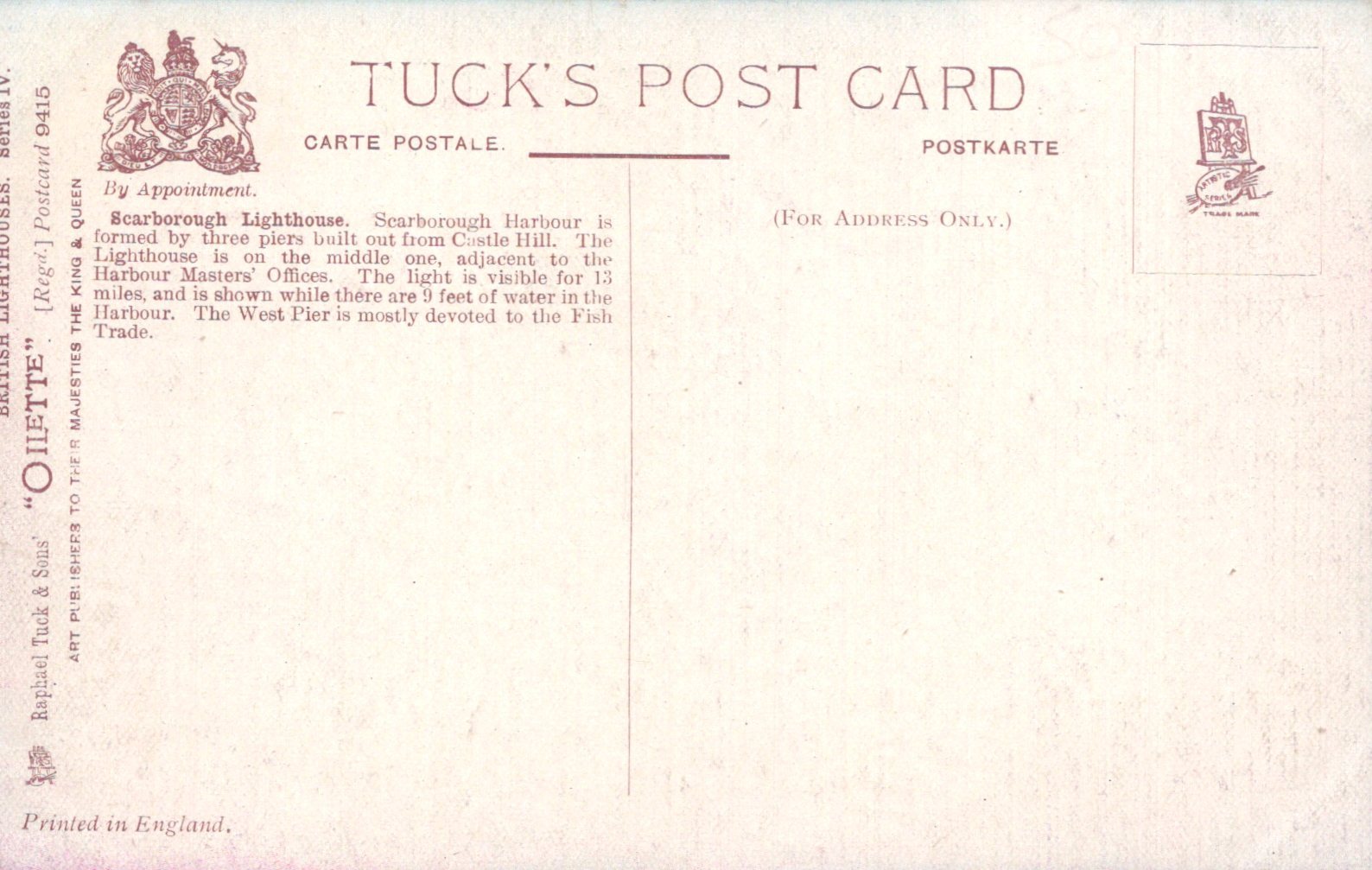 Back of a Tuck's postcard with text and logos