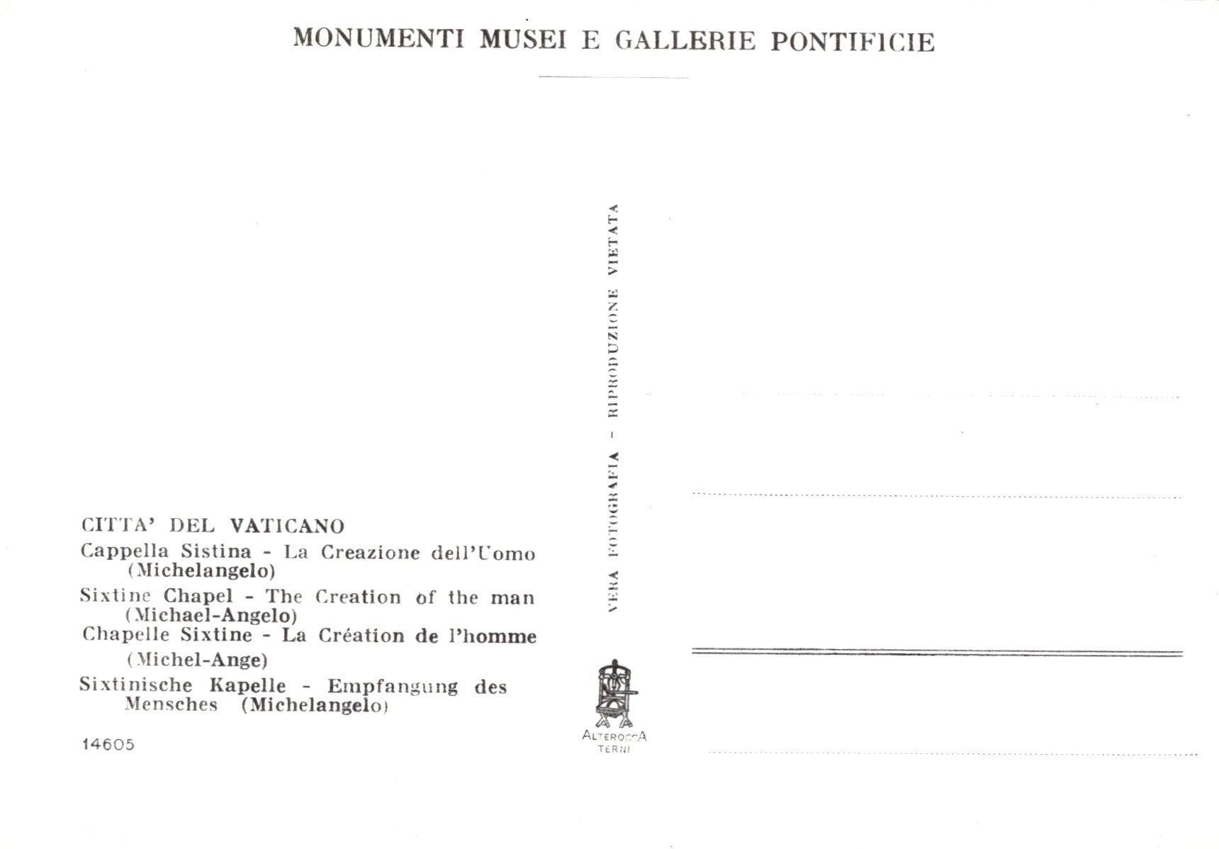 Vatican City Postcard - Sixtine Chapel, The Creation of The Man  SW19020