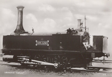 Black and white image of a steam locomotive with 'Carlsund' branding.
