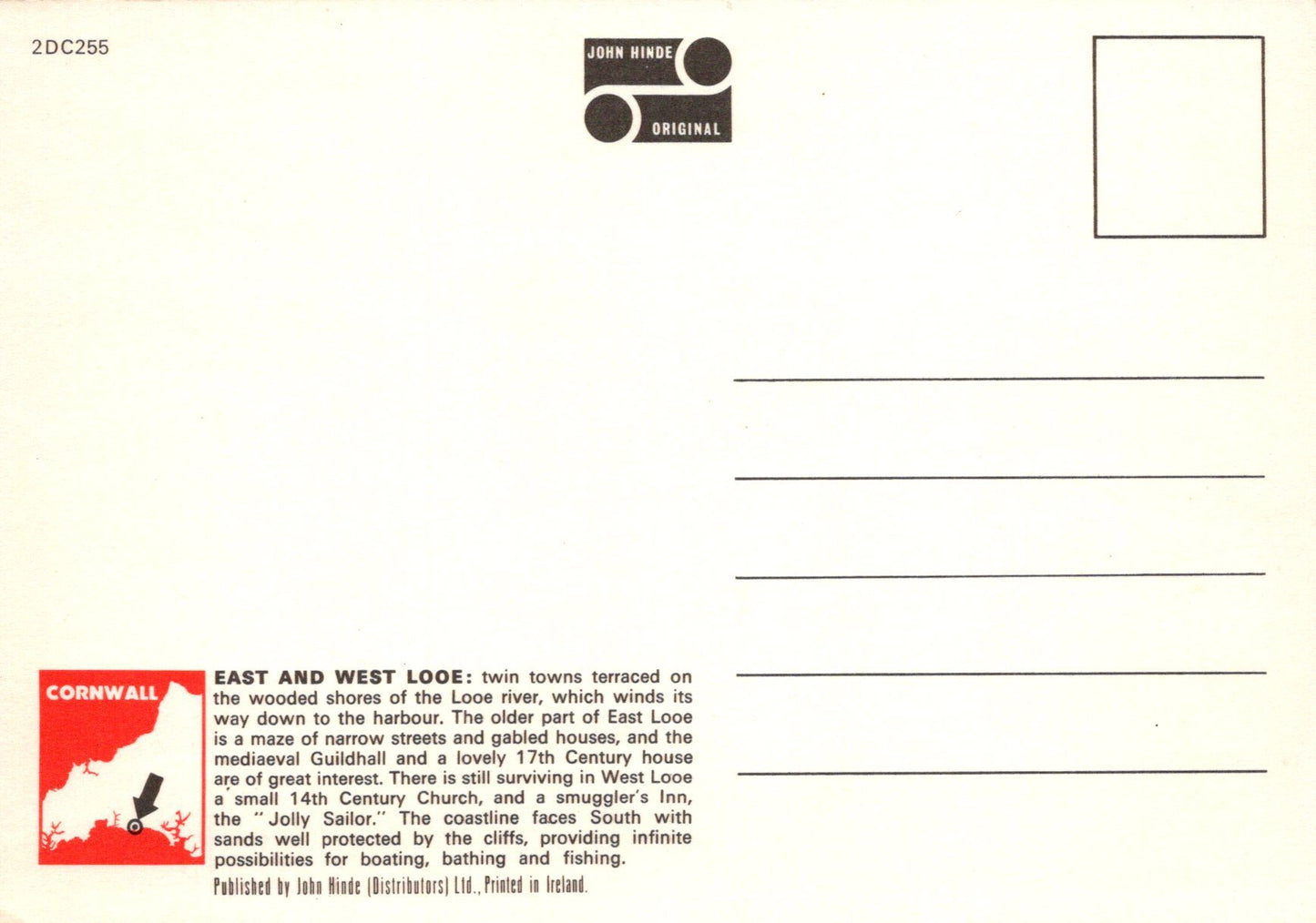 Back of a postcard with text and a small illustration, featuring the John Hinde logo.