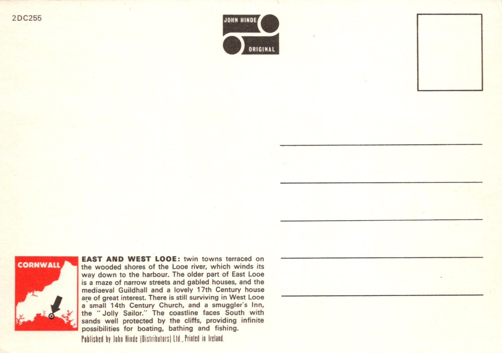 Back of a postcard with text and a small illustration, featuring the John Hinde logo.