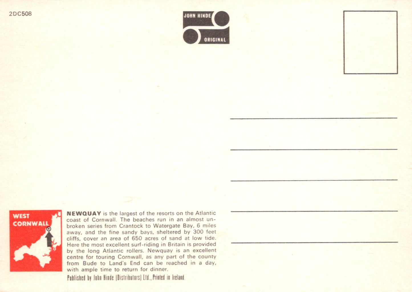 Back of a postcard with text and a map, featuring John Hinde logo.