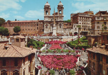 Load image into Gallery viewer, Stairs with pink flowers and people in a cityscape with buildings and blue sky
