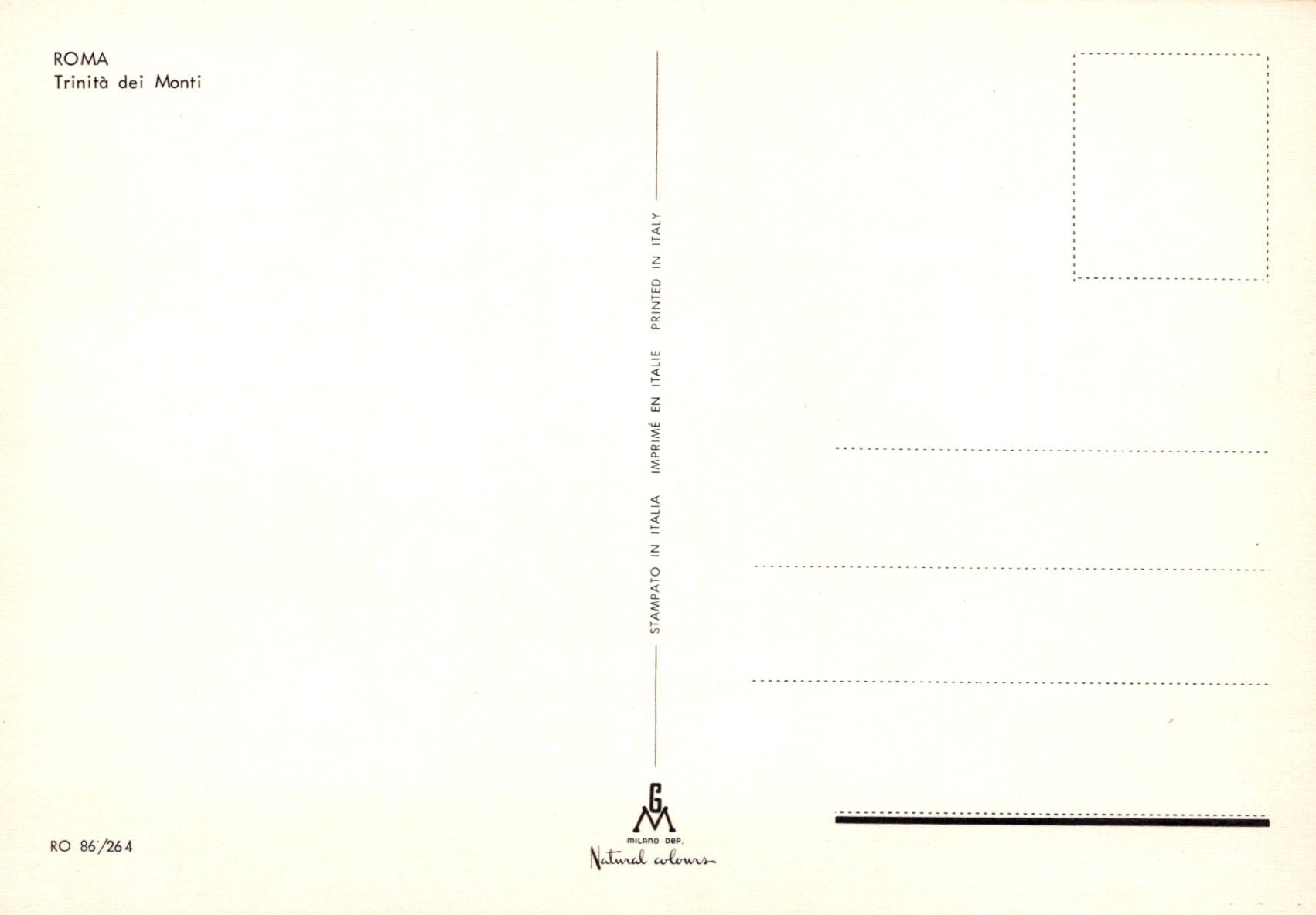 Back of a postcard with 'Roma Trinitá dei Monti' text on a yellowish background