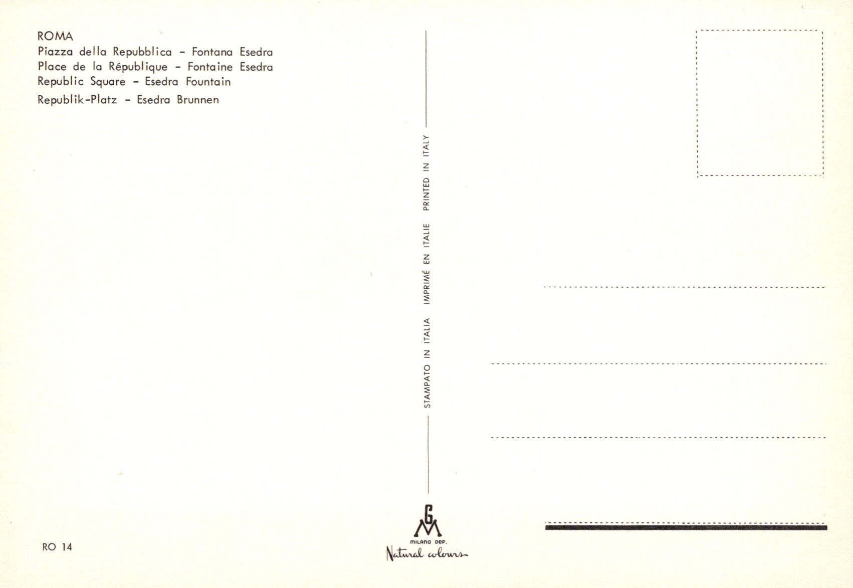 Back of a postcard with text and a logo, featuring a gradient background.