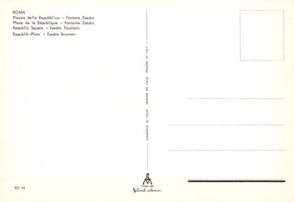 Back of a postcard with text and a logo, featuring a gradient background.
