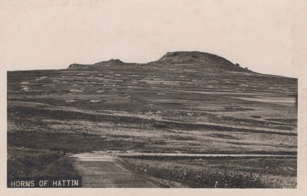 Black and white photograph of a landscape with 'Horns of Hattin' text
