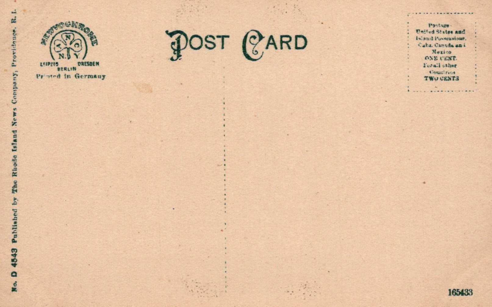 Back of a vintage postcard with text and a logo on a beige background