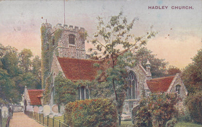 Vintage postcard of Hadley Church with a red roof and stone walls, surrounded by trees and greenery.