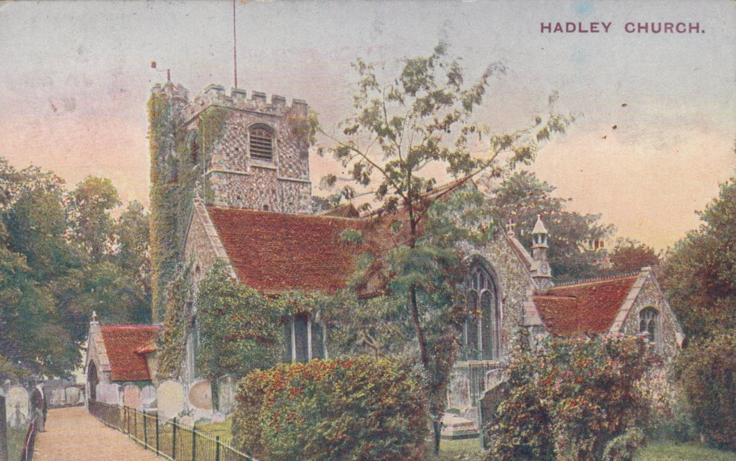 Vintage postcard of Hadley Church with a red roof and stone walls, surrounded by trees and greenery.