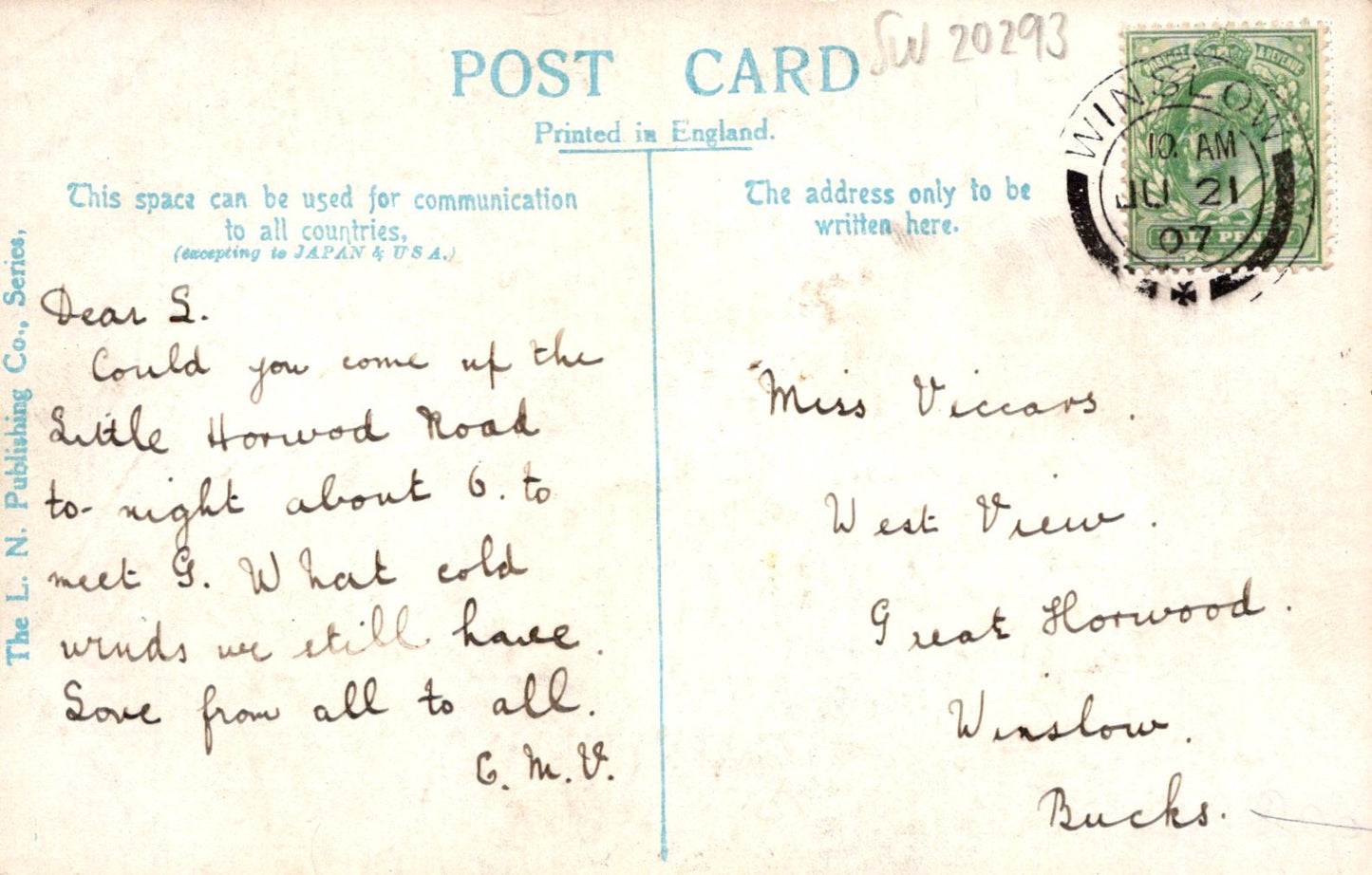 Vintage postcard with handwritten text and a stamp, printed in England.