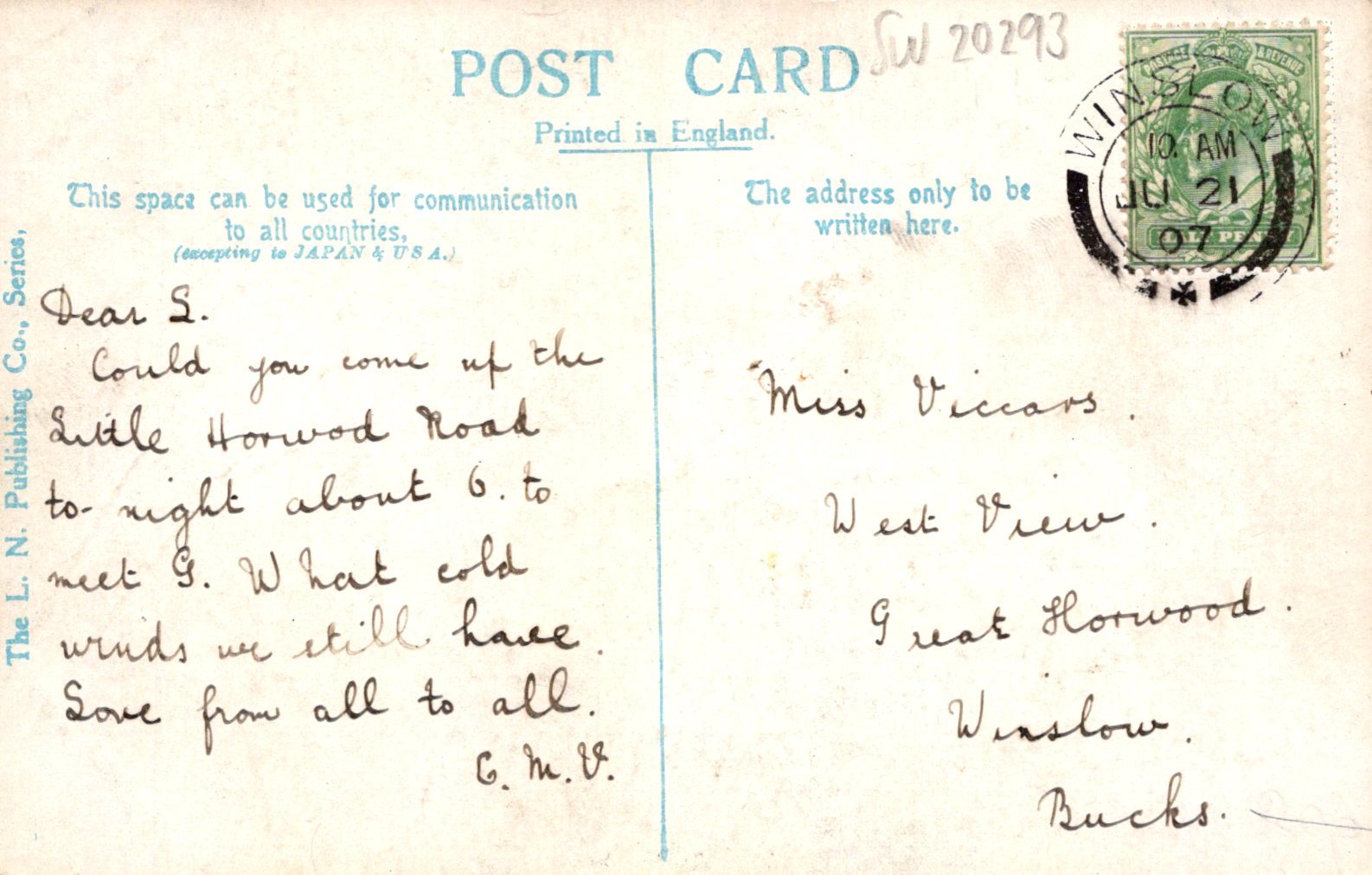 Vintage postcard with handwritten text and a stamp, printed in England.