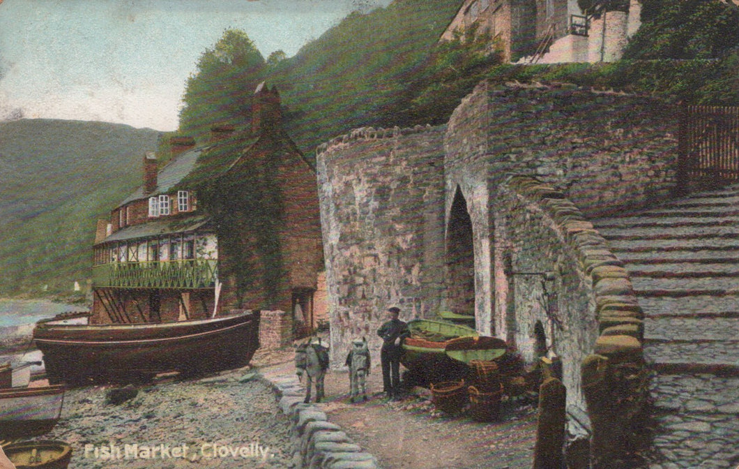 Vintage postcard of a coastal scene with a boat, building, and people near a stone wall.