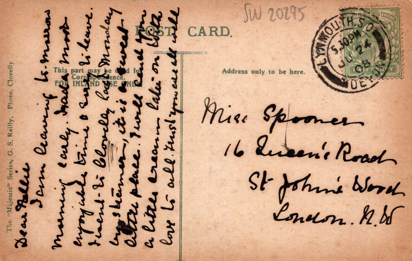 Vintage postcard with handwritten text and a stamp, featuring a brown background.