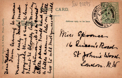 Vintage postcard with handwritten text and a stamp, featuring a brown background.