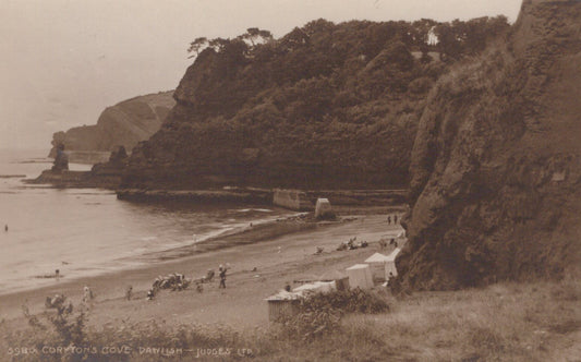 Vintage photograph of a coastal scene with cliffs, beach, and people.