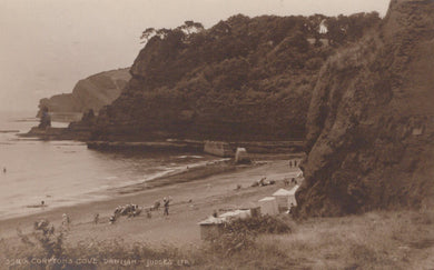 Vintage photograph of a coastal scene with cliffs, beach, and people.