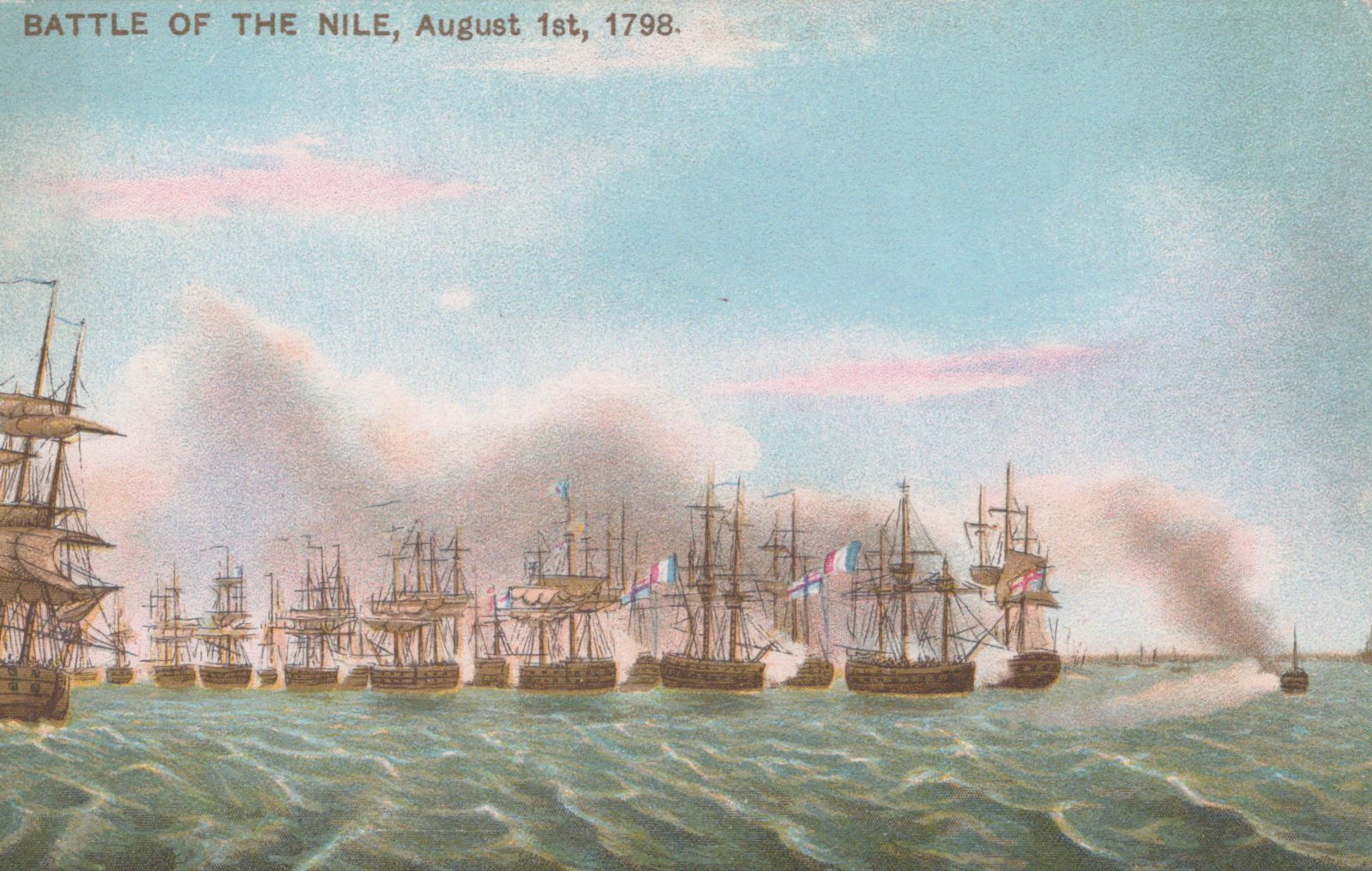 Vintage illustration of ships at the Battle of the Nile on August 1, 1798.