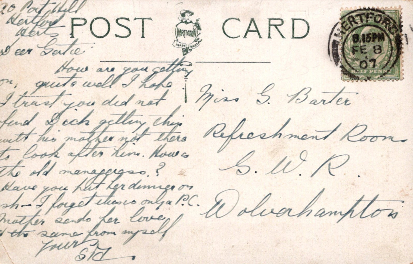Vintage postcard with handwritten text and a stamp, featuring the word 'POSTCARD' at the top.