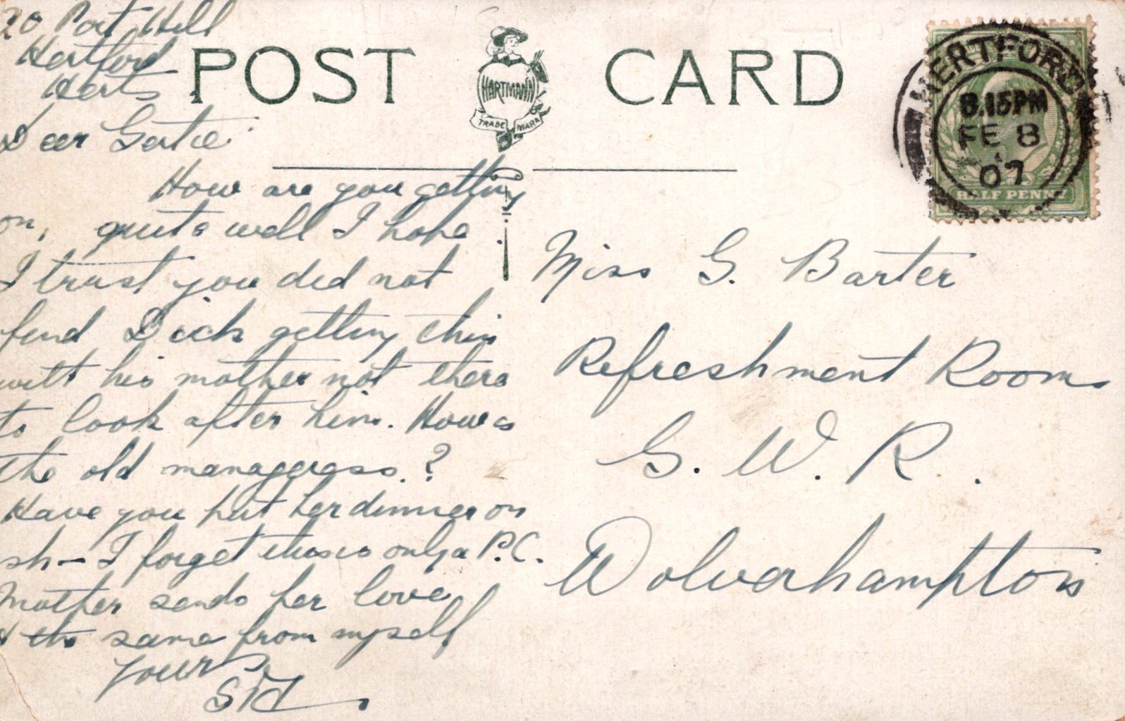 Vintage postcard with handwritten text and a stamp, featuring the word 'POSTCARD' at the top.