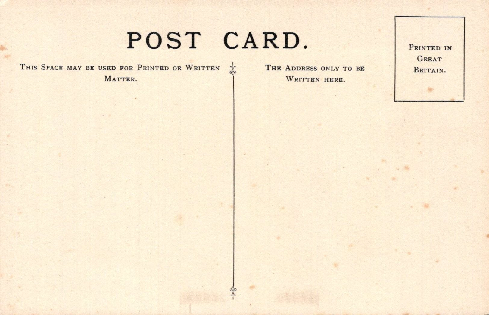 Vintage postcard with printed text and a vertical line for writing on it.
