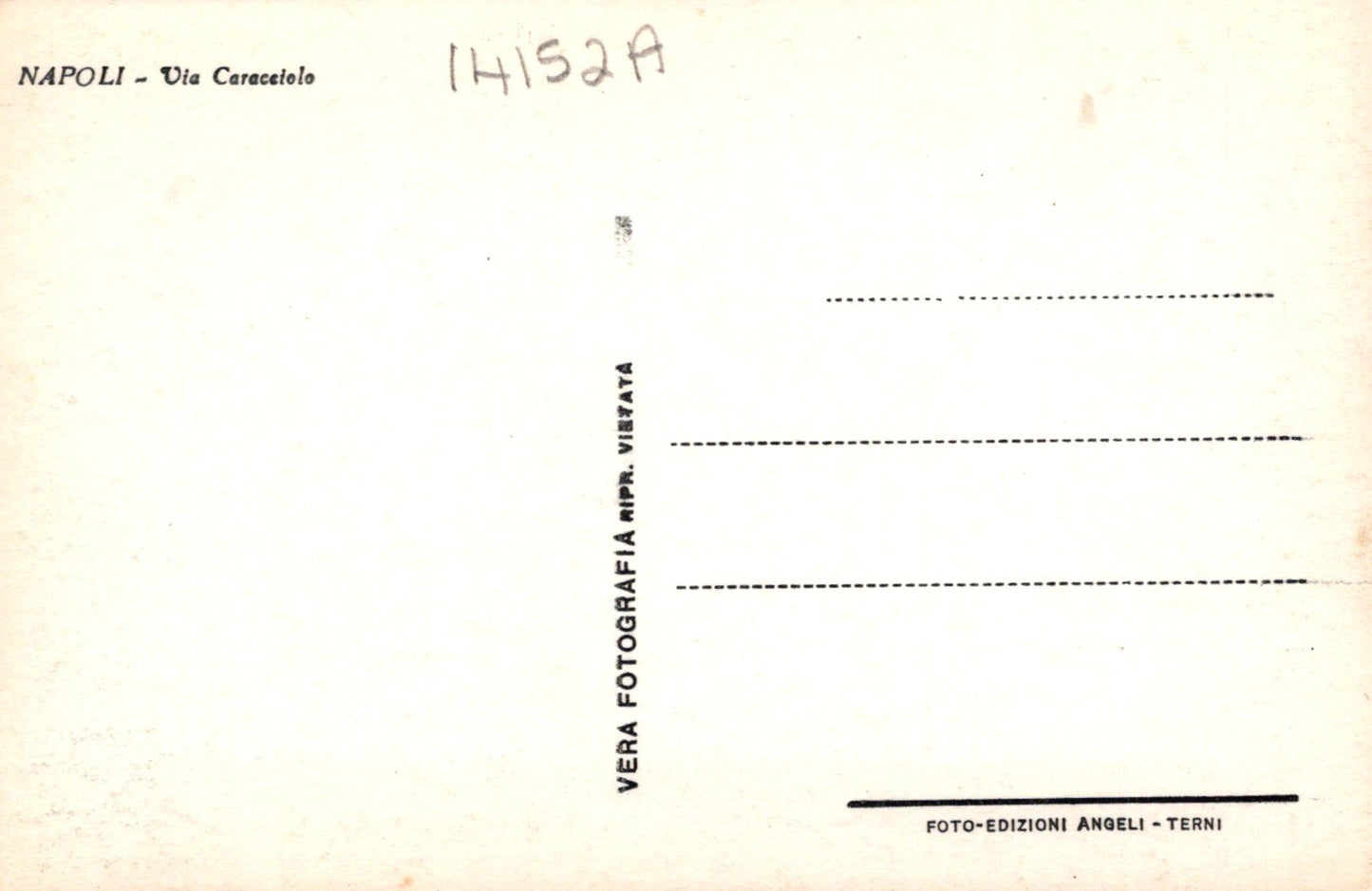 Back of a postcard from Napoli with text and a stamp.