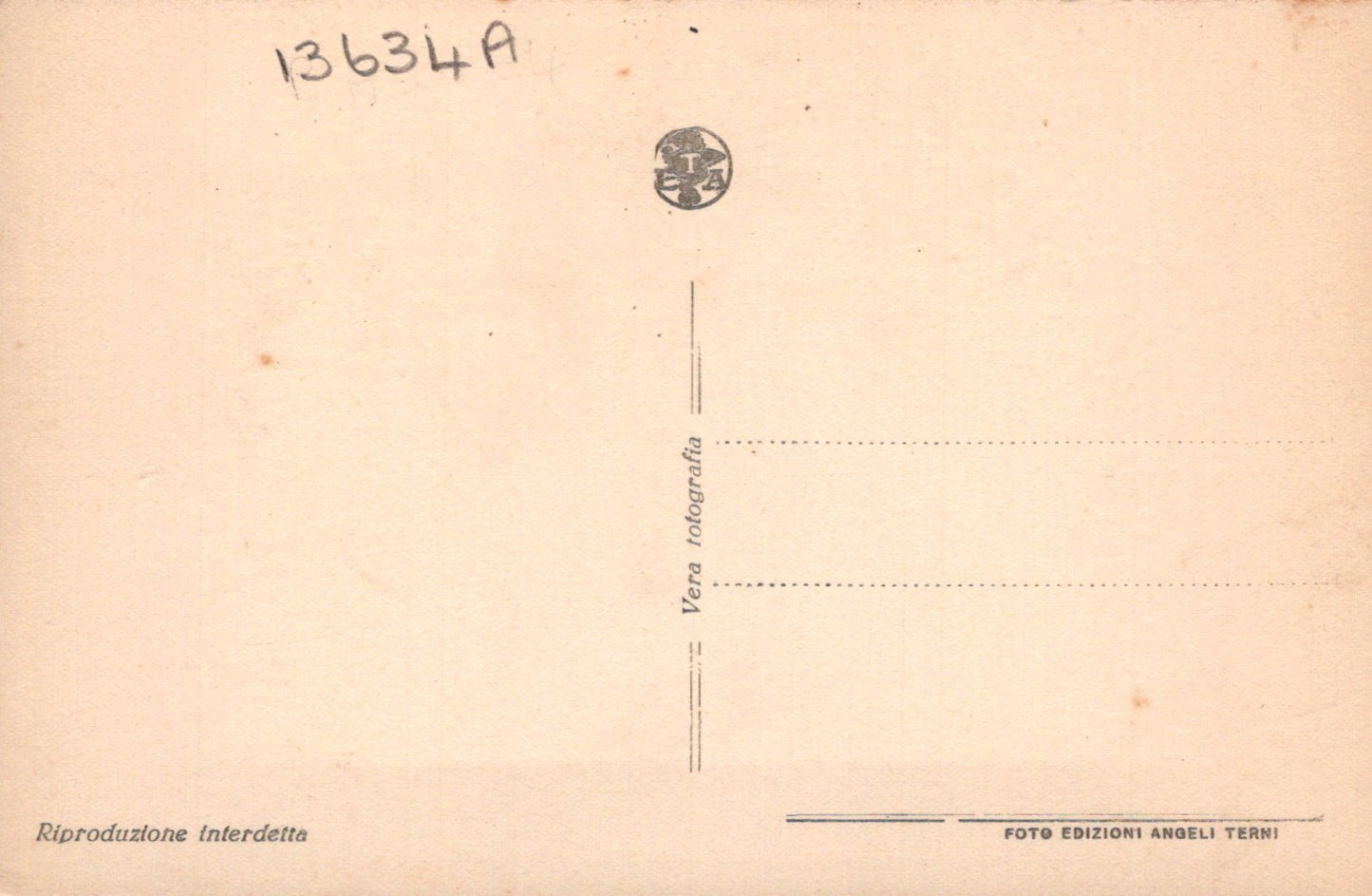 Back of a vintage postcard with text and a logo on a beige background